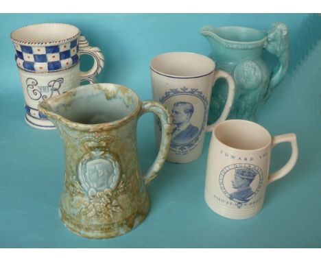 1937 Edward VIII: a large tankard by Crown Ducal, a large Copeland Spode mug, a Wedgwood mug, each chipped and a mottle glaze