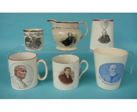 A pottery jug with named portrait of Wesley, 95mm, another jug cracked, a continental mug and three other religious pieces (6