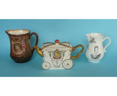 1953 Coronation: a pottery teapot and cover modelled as the coronation coach, 136mm, a Royal Doulton pottery jug and a Royal 