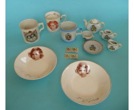 A pottery mug with portrait after Marcus Adams of the Princesses, 79mm, another by Crown Ducal depicting Margaret, another El