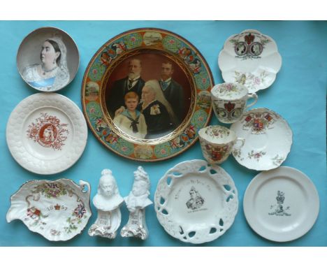 1897 Jubilee: four various plates, a leaf shaped dish, a printed tin plate, two cups and saucers and a pair of continental bi