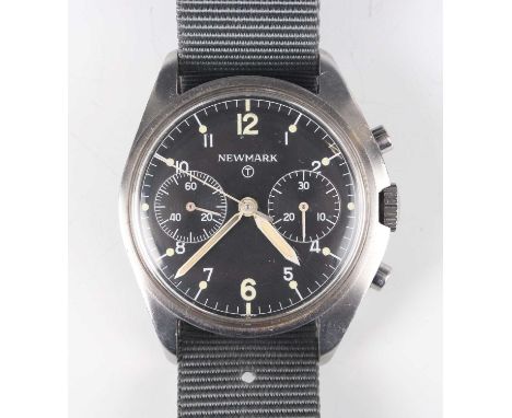 A rare Newmark British Military issue stainless steel cased RAF pilot's chronograph wristwatch, circa 1980, with jewelled Val