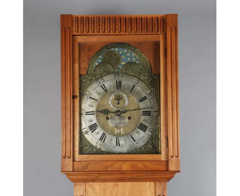 A mid-18th century longcase clock dial and movement, the 12-inch brass breakarch dial with silvered chapter ring framing a ma