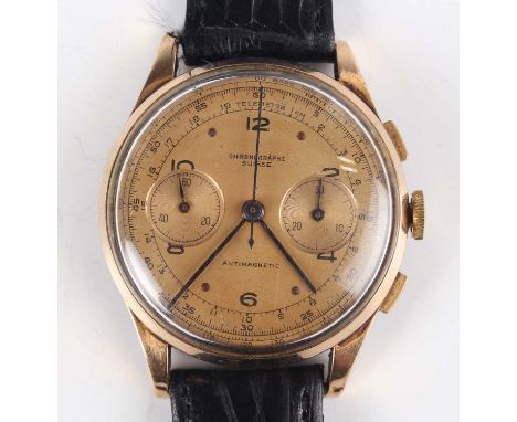 A Chronographe Suisse 18K gold circular cased gentleman's wristwatch with unsigned jewelled movement, the signed gilt dial wi