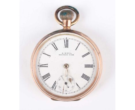 A Waltham gold cased keyless wind open-faced gentleman's pocket watch with signed and jewelled movement, the signed enamelled