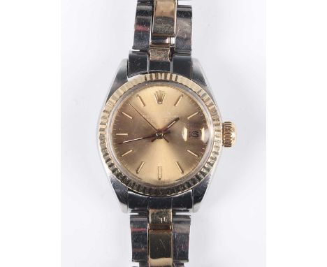 A Rolex Oyster Perpetual date stainless steel and gold lady's bracelet wristwatch, Ref. 6917, circa 1974, with signed and jew