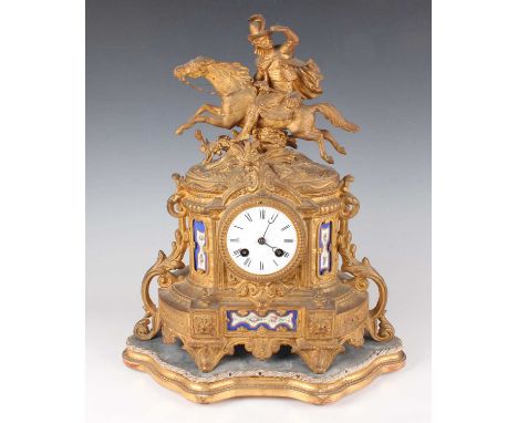 A late 19th century French gilt spelter and porcelain mantel clock with eight day movement striking on a bell via an outside 