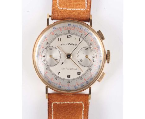A Nice Watch 18K gold circular cased gentleman's chronograph wristwatch with signed and jewelled movement, the signed silvere