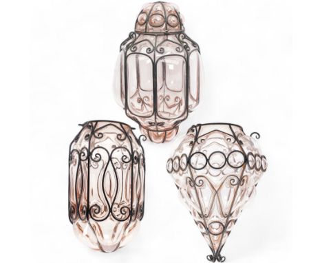 Three Murano rose glass light fittings, with incorporated metalwork, two lacking covers, largest H58cm including fittings (3)