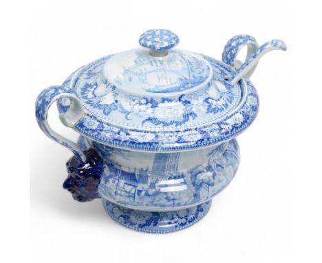 Early 19th century James & Ralph Clews transfer printed soup tureen with cover and ladle from the Bluebell Border series, the