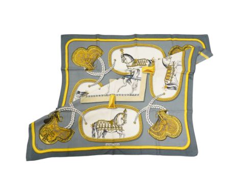 Hermes 'Grand Apparat' silk scarf, in the grey and gold colourway, designed by Jacques Eudel, 88cm x 88cm 