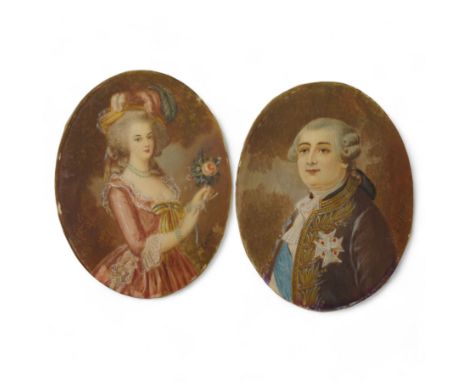 Continental School (19th Century): Portraits of Marie Antoinette and Louis XVI, pair miniature watercolours on ivory indistin