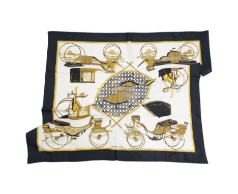 Hermes 'Le Voitures a Transformation' silk scarf, in the black and cream colourway, designed by Francoise de la Perriere, 88c