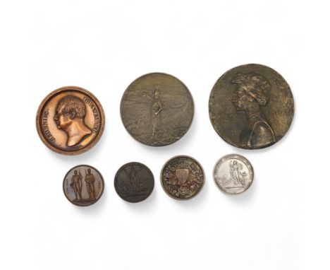 Peace Treaty bronze medallion for South African war after Emil Fuchs, another medallion with bust portrait of  of Amerigo Ves