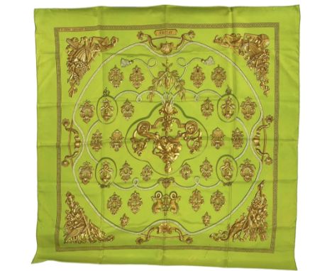 Hermes 'Sèsame' silk scarf,  in the green and gold colourway, designed by Philippe Ledoux, 90cm x 90cm 