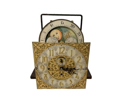 German -  Early 20th century 8-day three train longcase clock movement with a break arch brass dial, fretted gilt dial centre