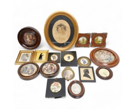 19th century oval portrait watercolour 17cm x 13cm in gilt frame together with four silhouettes and quantity of miniature fra