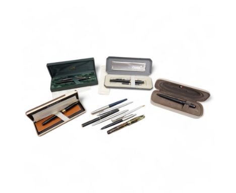Collection of eleven fountain and ballpoint pens, to include Sheaffer, Elysee and Cross, with various 14k gold nib examples 