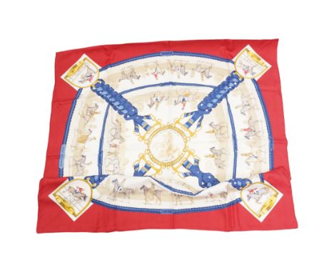 Hermes 'Les Allures du Cheval' silk scarf, in the red, blue and cream colourway, designed by Phillipe Ledoux, 88cm x 88cm 
