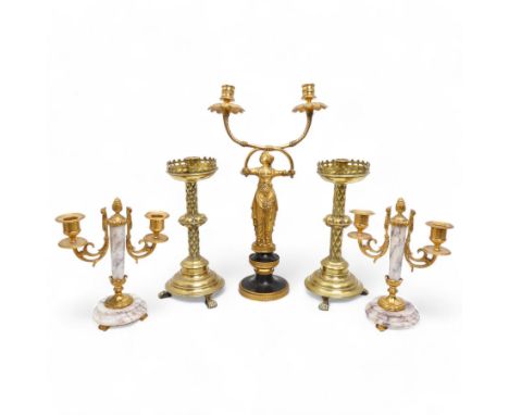 Gilt metal two branch candelabrum, the column formed as a lady in neoclassical garb supporting the branches, H45cm; together 