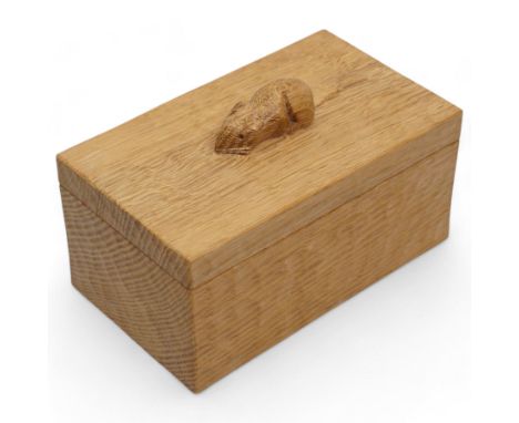 Thompson of Kilburn 'Mouseman' adzed oak rectangular trinket box and cover with carved mouse signature 19cm x 10cm