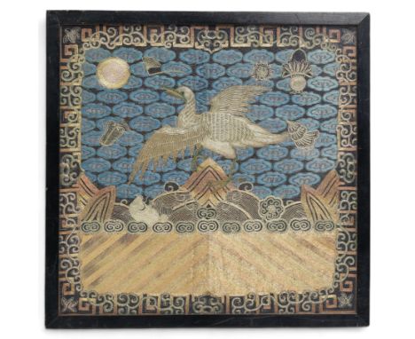 Early 20th century Chinese silk work tapestry, depicting a crane flying over a river, H30cm 