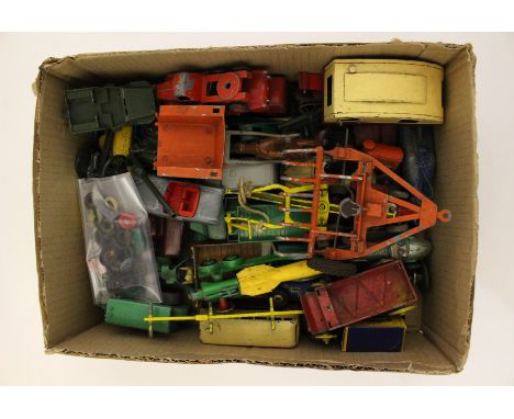 Diecast: One box of playworn, diecast vehicles to include: Dinky Hudson Hornet, Trojan, Austin, Bedford, Cadillac Eldorado, J