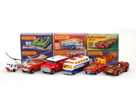 Matchbox: Six Superfast 75 Series vehicles: 60c Holden Pick-up Truck, red body with racing number 500 hood label, light amber