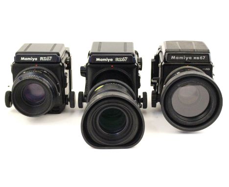 Mamiya: Two Mamiya RZ67 camera bodies together with a Mamiya RB67 camera body, complete with a Mamiya K/L 127mm 1:3.5 lens, a