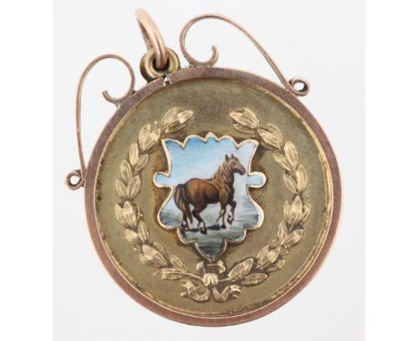 Derbyshire Interest: A 9ct gold and enamel horse medal, 'The Ashbourne Tradesmen's Mare Cup, Won by Mr A.A. Naylor, Sept 25th