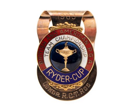 Ryder Cup: A British and American P.G.A Team Championship Ryder Cup 10ct gold and enamel money clip, inscribed, 'memories ove