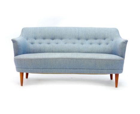 Please note reduced estimate: Carl Mamsten for O.H. Sjorgren, a 1950's blue curved button upholstered sofa   CONDITION REPORT