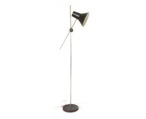 A 1970's brown enamelled single spot standard lamp with an open trumpet-form shade   CONDITION REPORT:  Dents and knocks, wor