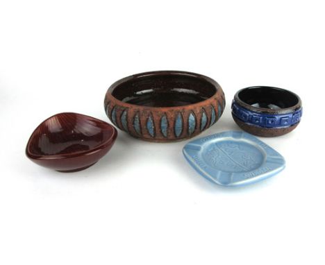 A Bromma Ceramic brown and blue leaf glazed bowl, together with two dishes and two further bowls