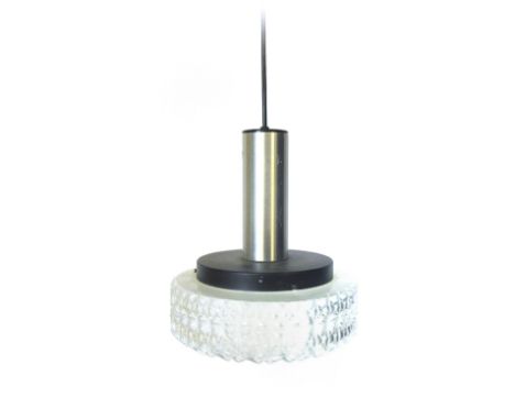 A 1970's moulded glass and black enamelled ceiling light
