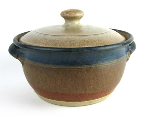 A Wensleydale Pottery ceramic casserole dish and cover, the rim with a royal blue glaze, d. 24 cm