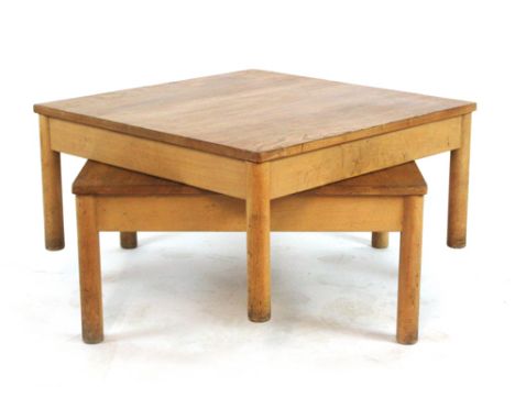 A pair of 1970's Ercol square occasional tables, the elm tops on beech frames, w. 69 cm
