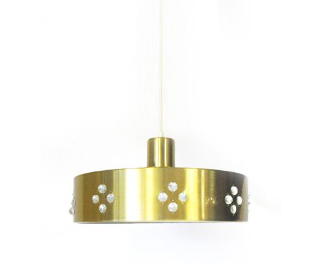 A 1970's brass coloured circular ceiling light with glass droplets inside pierce work sides   CONDITION REPORT:  Pitting, som