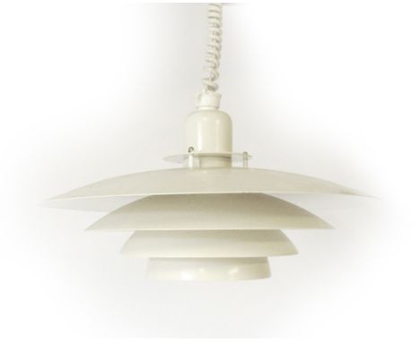A 1970's white enamelled four tier pull-down ceiling light in the manner of Louis Poulsen   CONDITION REPORT:  Pitting, some 