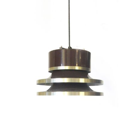 A 1970's brown enamelled and aluminium banded squat ceiling light