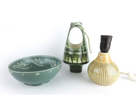 A Jersey Pottery lantern holder, h. 23 cm, a ceramic lamp base and a Pearsons bowl