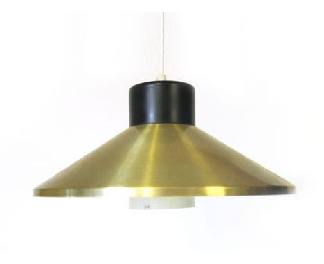 A 1970's brass coloured ceiling light with a white enamelled interior ring