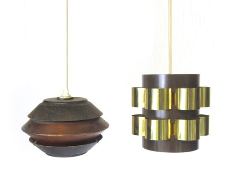A 1970's brown enamelled and brass coloured ceiling light with flowerhead-type rings, together with a 1970's copper coloured 