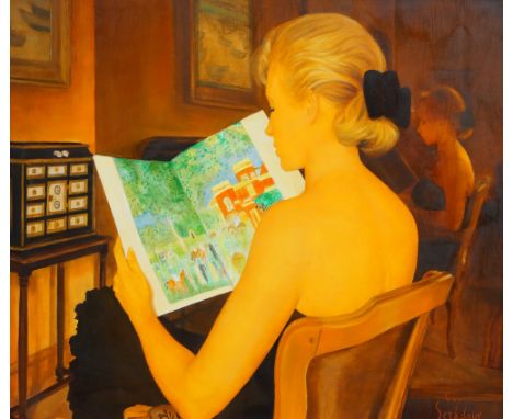 Guy Seradour, French 1922-2007- Le boudoir; oil on canvas, signed lower right, titled to the reverse of the stretcher, 44.5 x