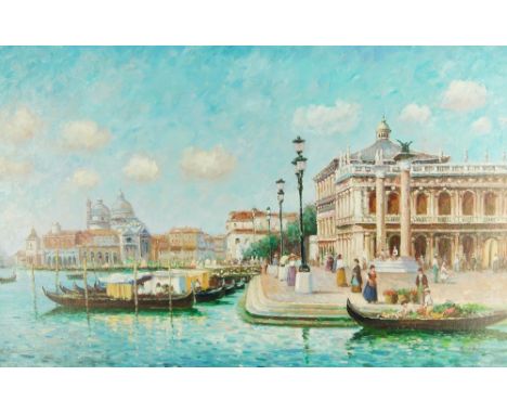 M. Pellet, European school, 20th century- Venetian scene; oil on canvas, signed 'M. Pellet' (lower right), bears label to the