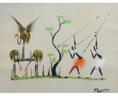 M. Boussa, 20th century- Figures hunting birds; ink and paint on paper, signed 'M Boussa' (lower right), 24 x 32 cm. Framed, 