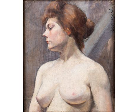 Jozef Ferenczy, Austro-Hungarian 1866-1925- Portrait of a nude Lady, half-length; oil on canvas, signed upper right edge 'Fer