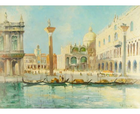 R. Faber, British school, late 20th century- St Mark's, Venice; oil on canvas, signed lower right, bears label for J. Davey &