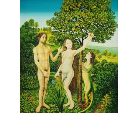 Frances Broomfield, British b.1951- Adam and Eve; oil on panel, bears initials lower right, 24.5 x 19.8 cm. (ARR) Framed, une