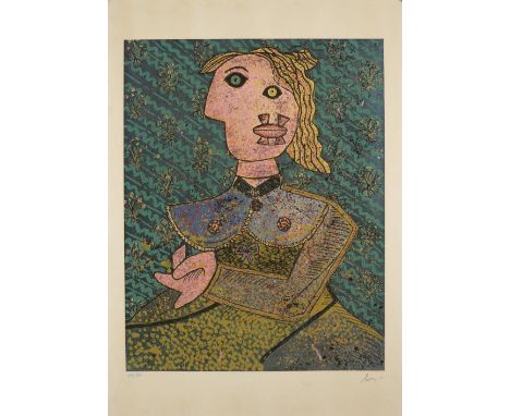 Enrico Baj, Italian, 1924-2003, Portrait of a lady, in the manner of Picasso; screenprint on cream wove, signed in pencil and